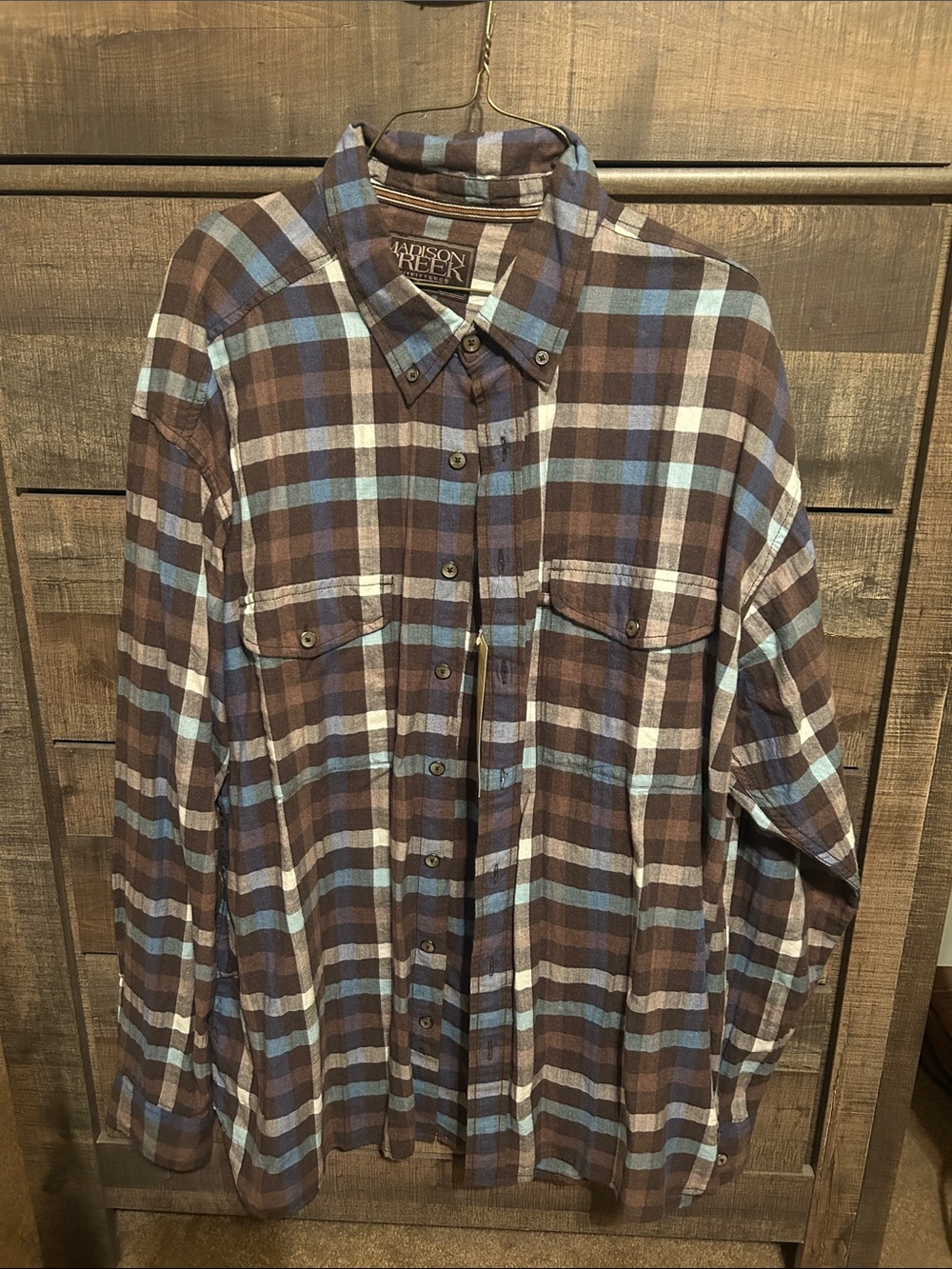 Madison Brown & Light Blue Plaid Casual Button-Down Shirt